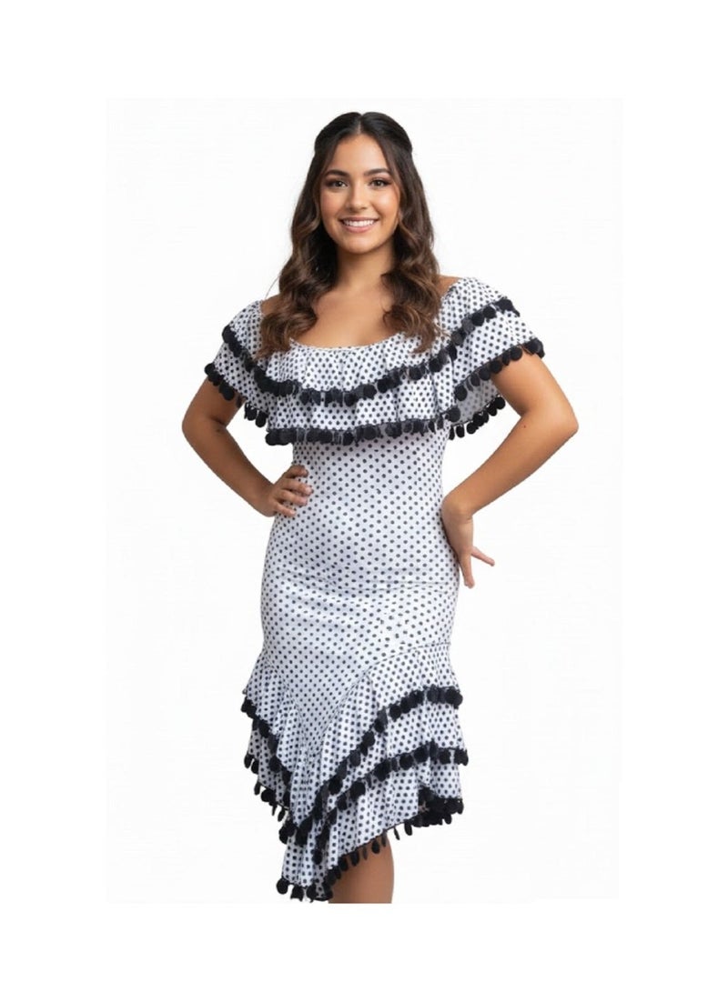 Alexandrian belly dance galabeya  a white dress with black polka dots  lycra  for women - Image 1